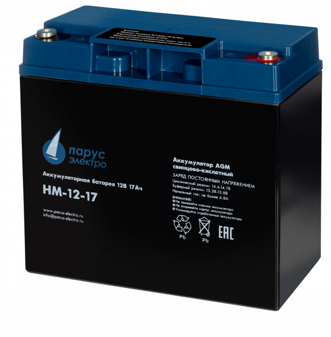 Батарея Парус Электро, стандартная серия HM-12-17, напряжение 12В, емкость 17Ач (разряд 20 часов), макс. ток разряда (5сек) 225А, макс. ток заряда 6.8А, свинцово-кислотная типа AGM, клеммы под болт М5, ДхШхВ 181х77х167мм., полная высота с клеммами 167мм.,