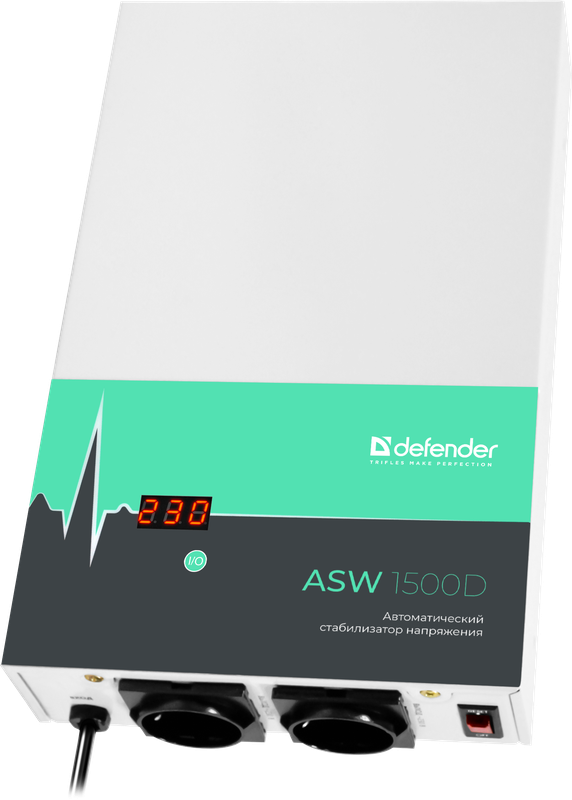 Стабилизатор напряжения ASW 1500D настенный 900Вт толщина 65мм, 2 розетки Defender ASW 1500D (99046) — для бизнеса и офиса