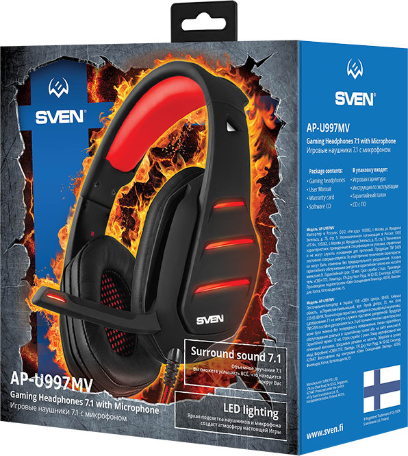 Игровые наушники с микрофоном SVEN AP-U997MV, черный-красный (USB, LED, 7,1) Sven AP-U997MV — для бизнеса и офиса