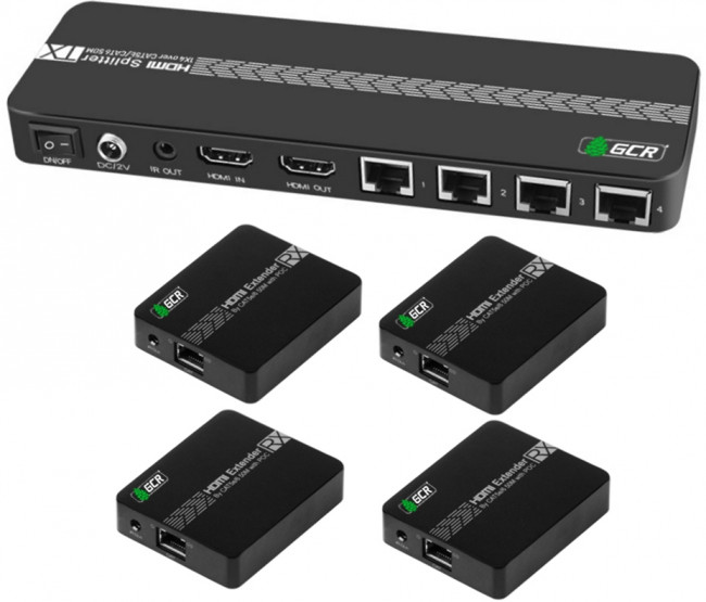 GCR Разветвитель HDMI 1.4 через LAN кабель, 1 x 4 +1 GreenLine, до 60.0m, 1080P 60Hz, EDID, удлинитель ИК Greenconnect HDMI (f) - 4 x HDMI (f) — для бизнеса и офиса
