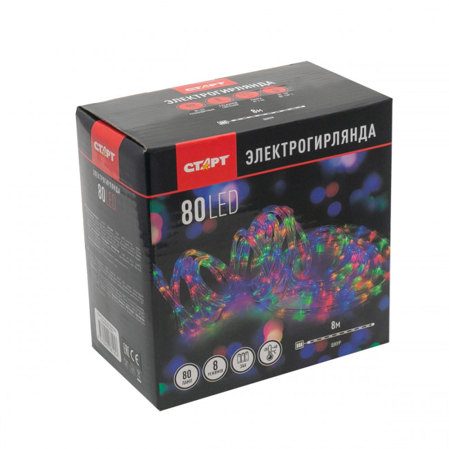 Гирлянда Гирлянда 80LED RGB 3АА, 8 режимов, 8 м, шнур, разноцветная