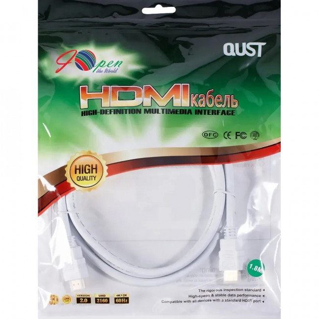 Кабель HDMI 19M/M ver 2.0, 1.8М, белый  Aopen/Qust <ACG711DW-1.8M> Кабель AOpen/Qust HDMI (m)/HDMI (m) - 1.8 м (ACG711DW-1.8M) — для бизнеса и офиса