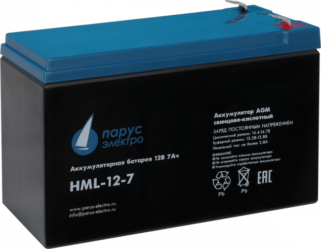 Батарея Парус Электро, профессиональная серия HML-12-7, напряжение 12В, емкость 7.2Ач (разряд 20 часов), макс. ток разряда (5сек) 140А, макс. ток заряда 2.8А, свинцово-кислотная типа AGM, клеммы F2, ДхШхВ 151х65х94мм., полная высота с клеммами 101мм., вес