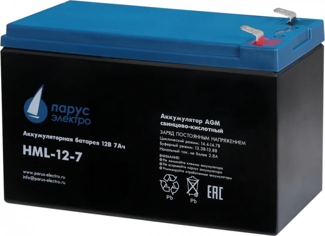 Батарея Парус Электро, профессиональная серия HML-12-7, напряжение 12В, емкость 7.2Ач (разряд 20 часов), макс. ток разряда (5сек) 140А, макс. ток заряда 2.8А, свинцово-кислотная типа AGM, клеммы F2, ДхШхВ 151х65х94мм., полная высота с клеммами 101мм., вес