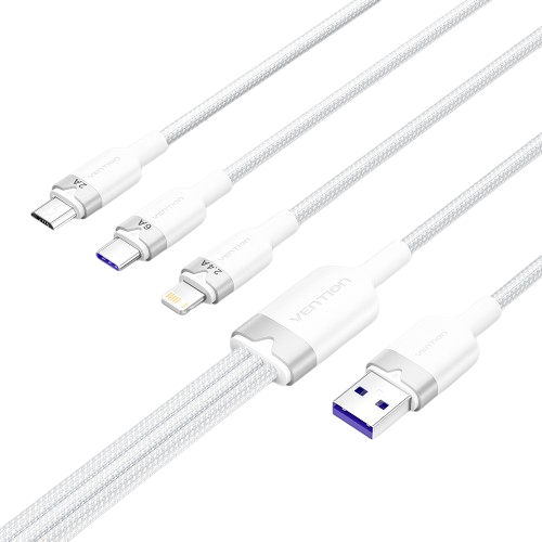 Кабель Vention 3 в 1 USB 2.0 AM/ Micro-B, USB-C, Lightning M - 1.5м. Белый 6A, шт. Vention CTRWG — для бизнеса и офиса