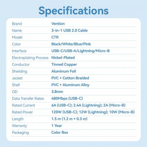 Кабель Vention 3 в 1 USB 2.0 AM/ Micro-B, USB-C, Lightning M - 1.5м. Белый 6A, шт. Vention CTRWG — для бизнеса и офиса