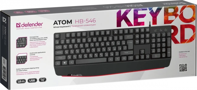 Defender Проводная клавиатура Atom HB-546 RU,черный,104+FN,1.8м Defender 45546