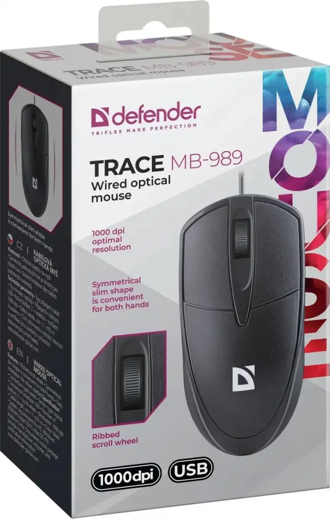 Defender Проводная оптическая мышь Trace MB-989 черн,3D,1,2м,1000dpi Defender 52989 — для бизнеса и офиса Defender Проводная оптическая мышь Trace MB-989 черн,3D,1,2м,1000dpi Defender 52989 — для бизнеса и офиса