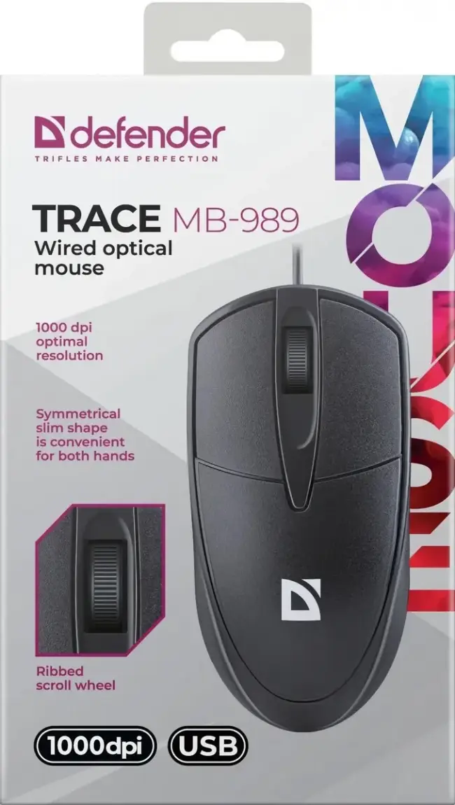 Defender Проводная оптическая мышь Trace MB-989 черн,3D,1,2м,1000dpi Defender 52989 — для бизнеса и офиса Defender Проводная оптическая мышь Trace MB-989 черн,3D,1,2м,1000dpi Defender 52989 — для бизнеса и офиса