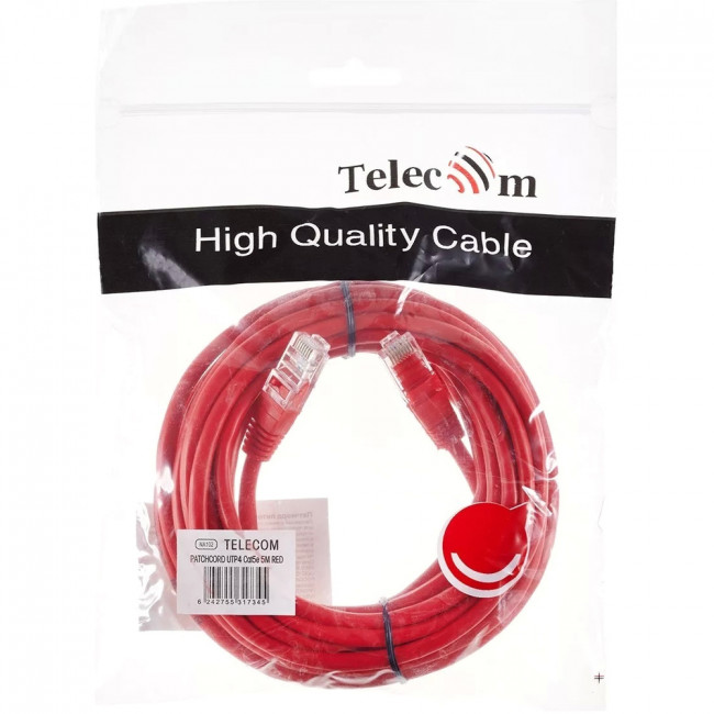 Патчкорд литой "Telecom" UTP кат.5е 5,0м красный VCOM NA102-R-5M — для бизнеса и офиса Патчкорд литой "Telecom" UTP кат.5е 5,0м красный VCOM NA102-R-5M — для бизнеса и офиса