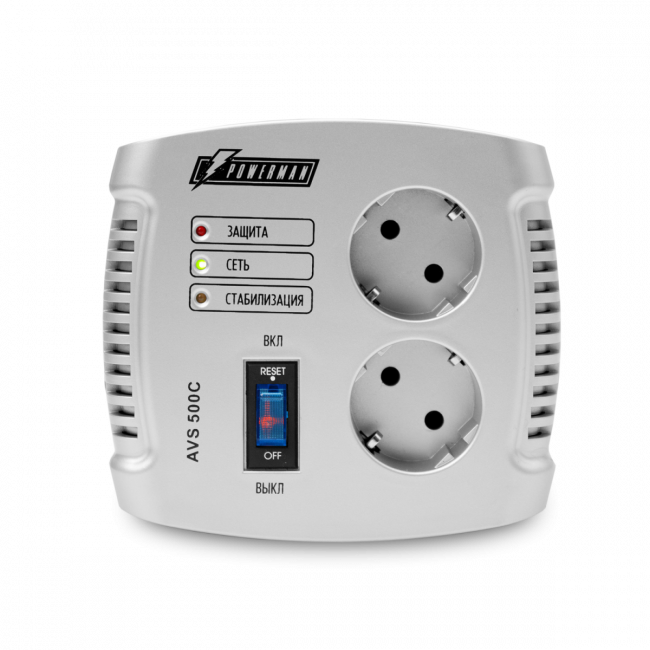 Стабилизатор POWERMAN AVS 500C, ступенчатый регулятор, 500ВА/280Вт, 150-280В, максимальный входной ток 4А, 2 евророзетки, IP-20, напольный,  151мм х 126мм х 123мм, 1.4 кг. POWERMAN AVS 500C