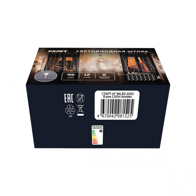 Гирлянда Гирлянда 96LED 220V, 8 режимов, 1,5х1 м, занавес, тёплый белый