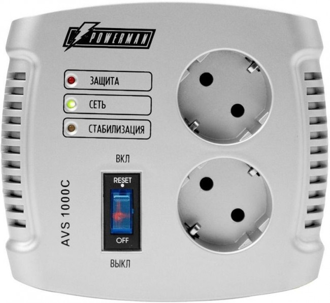 Стабилизатор POWERMAN AVS 1000C, ступенчатый регулятор, 1000ВА/500Вт, 150-280В, максимальный входной ток 8А, 2 евророзетки, IP-20, напольный,  151мм х 126мм х 123мм, 2 кг. POWERMAN AVS 1000C