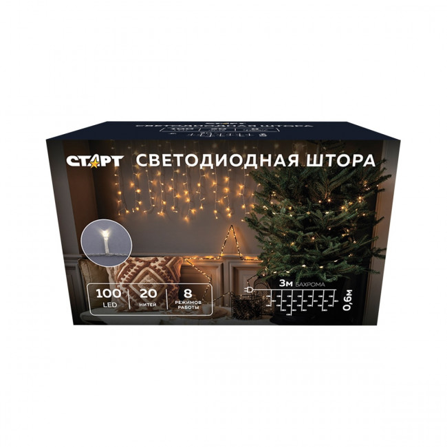 Гирлянда Гирлянда 100LED 220V, 8 режимов, 3 м, бахрома, тёплый белый