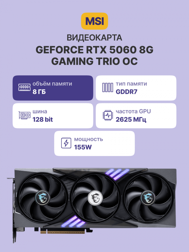 Видеокарта MSI GeForce RTX 5060 8G GAMING TRIO OC — для бизнеса и офиса