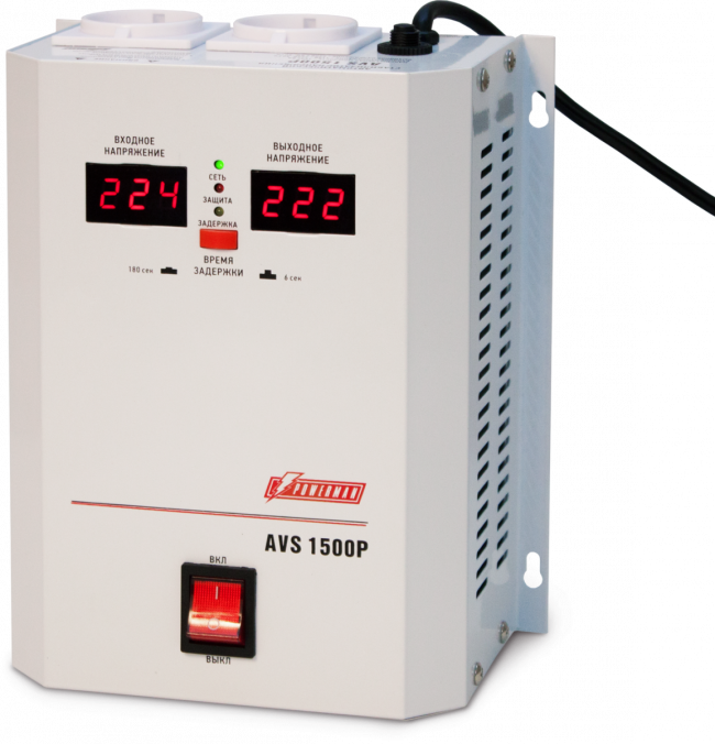 Стабилизатор POWERMAN AVS 1500P, ступенчатый регулятор, цифровые индикаторы уровней напряжения, 1500ВА, 110-260В, максимальный входной ток 12А, 2 евророзетки, IP-20, навесной,   215мм х 270мм х 110мм, 4.3 кг. POWERMAN AVS 1500P