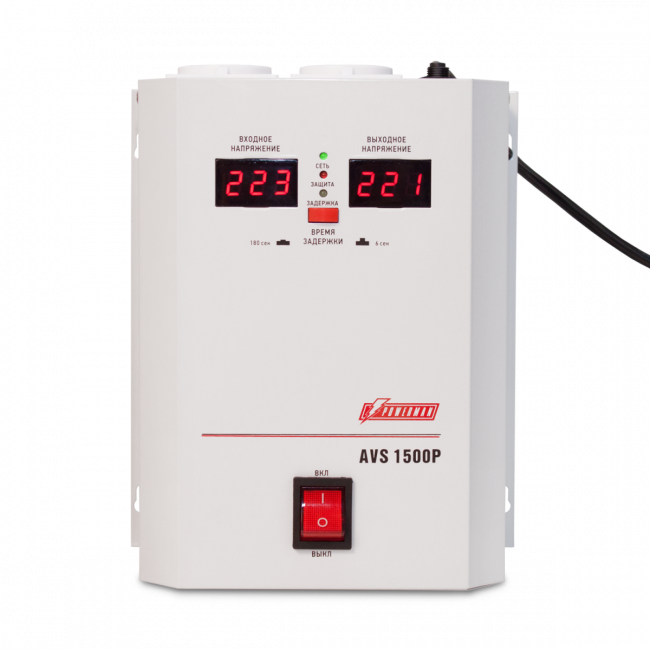 Стабилизатор POWERMAN AVS 1500P, ступенчатый регулятор, цифровые индикаторы уровней напряжения, 1500ВА, 110-260В, максимальный входной ток 12А, 2 евророзетки, IP-20, навесной,   215мм х 270мм х 110мм, 4.3 кг. POWERMAN AVS 1500P