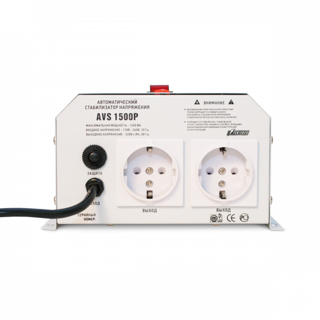 Стабилизатор POWERMAN AVS 1500P, ступенчатый регулятор, цифровые индикаторы уровней напряжения, 1500ВА, 110-260В, максимальный входной ток 12А, 2 евророзетки, IP-20, навесной,   215мм х 270мм х 110мм, 4.3 кг. POWERMAN AVS 1500P