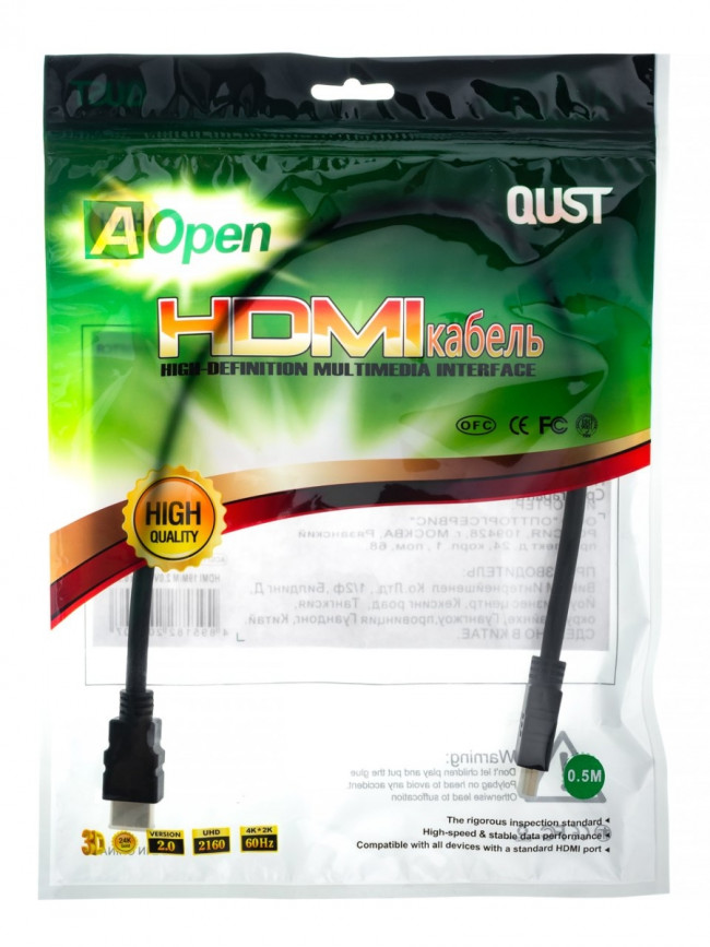 Кабель HDMI 19M/M ver 2.0, 0.5М  Aopen <ACG711-0.5M> AOpen HDMI (m) - HDMI (m) 0.5м