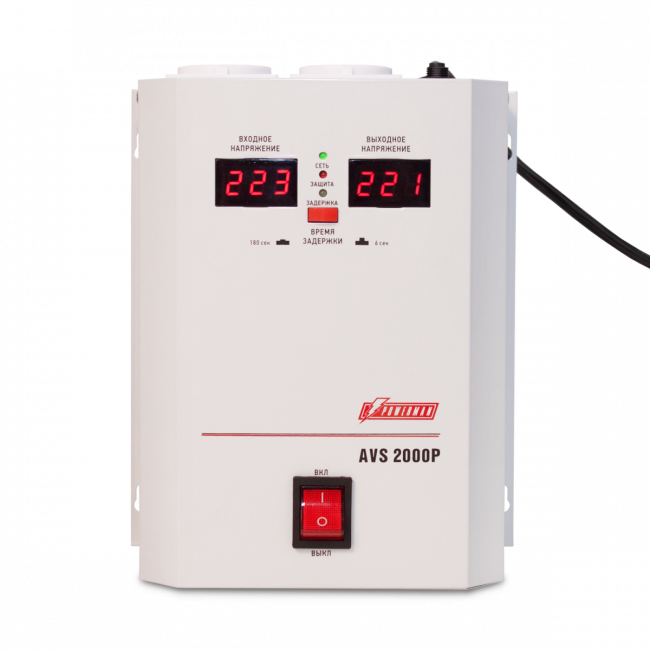 Стабилизатор POWERMAN AVS 2000P, ступенчатый регулятор, цифровые индикаторы уровней напряжения, 2000ВА, 110-260В, максимальный входной ток 15А, 2 евророзетки, IP-20, навесной,  215мм х 270мм х 110мм, 5.2 кг. POWERMAN AVS 2000P