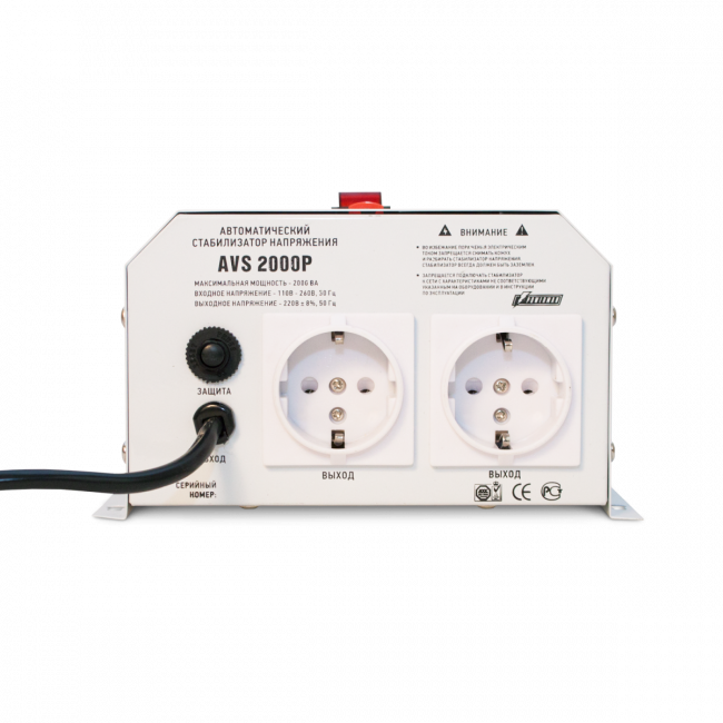 Стабилизатор POWERMAN AVS 2000P, ступенчатый регулятор, цифровые индикаторы уровней напряжения, 2000ВА, 110-260В, максимальный входной ток 15А, 2 евророзетки, IP-20, навесной,  215мм х 270мм х 110мм, 5.2 кг. POWERMAN AVS 2000P