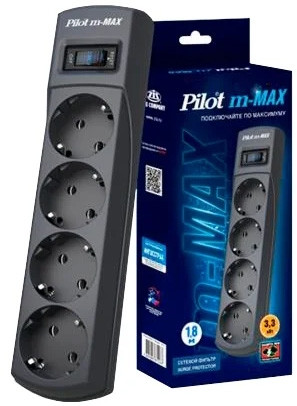 Сетевой фильтр Pilot m Max 4 розетки (евро с заземлением), 15А/3.3кВа, автомат, 5 м, графит ZIS Pilot m-Max (5 м, 4 розетки) — для бизнеса и офиса