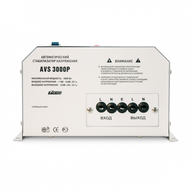 Стабилизатор POWERMAN AVS 3000P, ступенчатый регулятор, цифровые индикаторы уровней напряжения, 3000ВА, 110-260В, максимальный входной ток 20А, клеммная колодка, IP-20, навесной,   260мм х 220мм х 130мм, 7.2 кг. POWERMAN AVS 3000P
