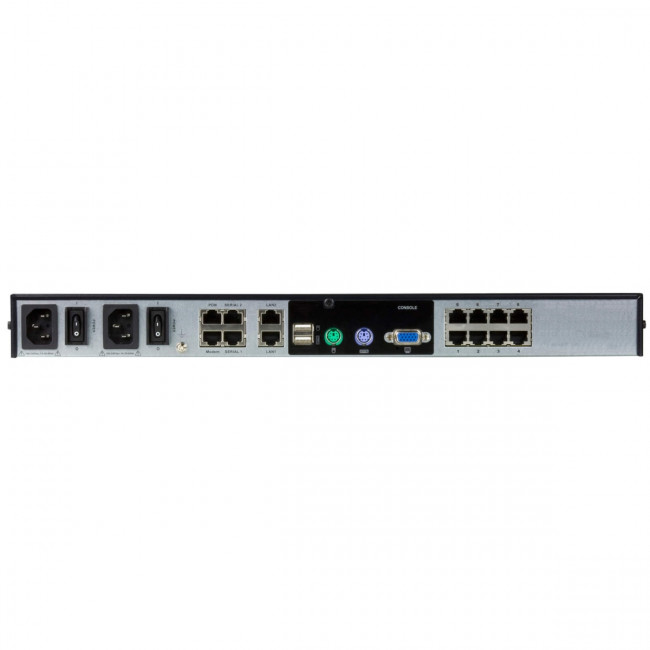 Переключатель, электрон., KVM,  1 local user PS2/USB+VGA+ IP user => 8 cpu (PS2/USB/Sun+VGA)/RS232, без шнуров и адаптеров, 1900x1200, 1U 19", исп.адаптеры и UTP, OSD, каскад 128, (двойное питание;поддержка технол. шифр.) ATEN KN1108VA — для бизнеса и офиса