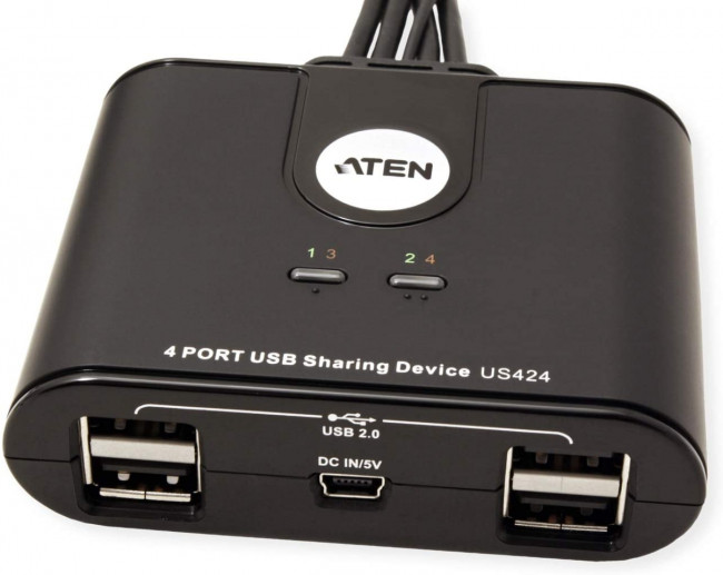 Переключатель, электрон., USB, 2 User > 4 устройства + клавиатура + мышь, 2 USB A-тип > 4 USB A-тип, Male > Female, со встроен. шнурами 2х1.2м., (USB 2.0) ATEN US424