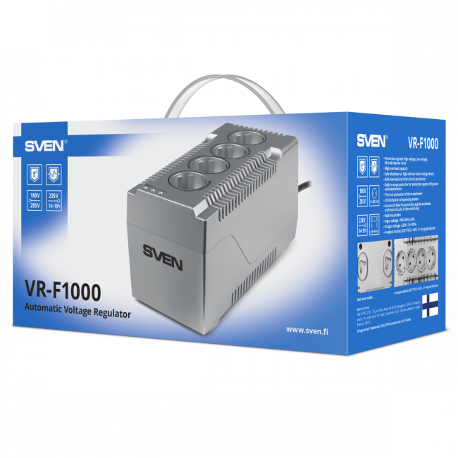 Автоматический стабилизатор напряжения SVEN  VR-F1000 (320Вт,Вх.185V-285В, 4 розетки CEE7/4(2 розетки со стабилизацией, 2 розетки сетевой фильтр), вых.230В, пластиковый корпус, серебряный цвет) Sven SV-018818