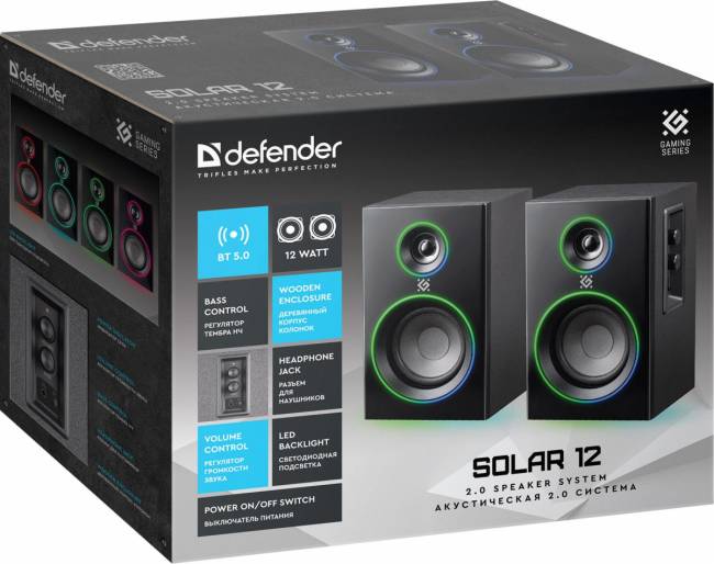 Defender Акустическая 2.0 система Solar 12 12 Вт, подсветка, BT, 230В Defender 65712 — для бизнеса и офиса