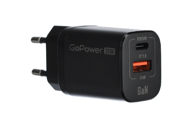 Сетевое З/У Сетевое З/У GoPower GPQC09 1USB+1Type-C 35W QC3.0 GAN черный — для бизнеса и офиса