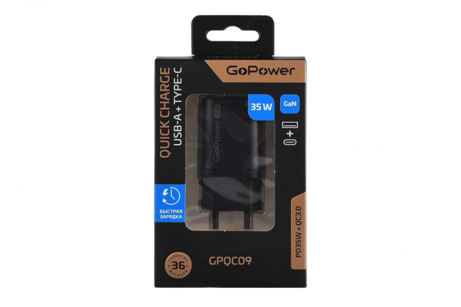 Сетевое З/У Сетевое З/У GoPower GPQC09 1USB+1Type-C 35W QC3.0 GAN черный — для бизнеса и офиса