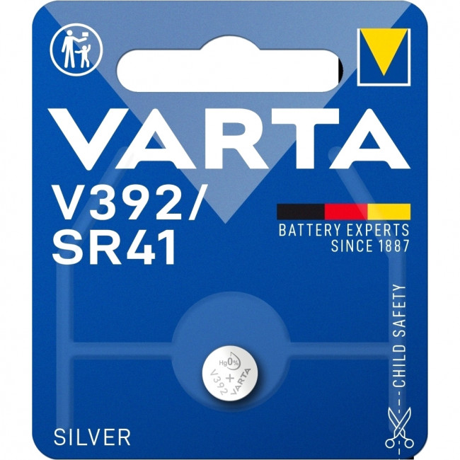 Батарейка Varta 392 (SR41W) BL1 Silver Oxide 1.55V (1/10/100) (1 шт.) Varta SILVER OXIDE SR41W (00392101111) — для бизнеса и офиса