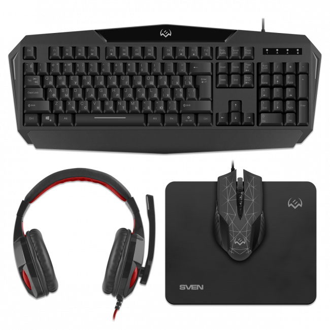 Игровой набор клавиатура+мышь+гарнитура+коврик SVEN GS-4300 (104 кл.+12Fn, 8 смен. кл., 200-4800DPI) Sven SV-018382 — для бизнеса и офиса Игровой набор клавиатура+мышь+гарнитура+коврик SVEN GS-4300 (104 кл.+12Fn, 8 смен. кл., 200-4800DPI) Sven SV-018382 — для бизнеса и офиса