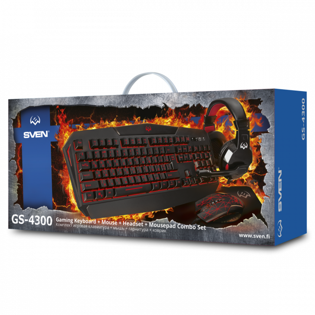 Игровой набор клавиатура+мышь+гарнитура+коврик SVEN GS-4300 (104 кл.+12Fn, 8 смен. кл., 200-4800DPI) Sven SV-018382 — для бизнеса и офиса Игровой набор клавиатура+мышь+гарнитура+коврик SVEN GS-4300 (104 кл.+12Fn, 8 смен. кл., 200-4800DPI) Sven SV-018382 — для бизнеса и офиса