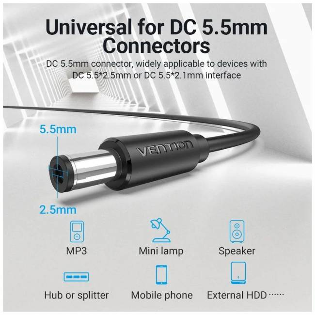 Кабель Vention USB AM/DC-jack 5.5мм M - 1.5м Чёрный Кабель Vention CEYBG USB AM/DC-jack 5.5мм M - 1.5м Чёрный — для бизнеса и офиса