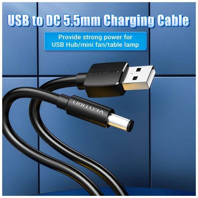 Кабель Vention USB AM/DC-jack 5.5мм M - 1.5м Чёрный Кабель Vention CEYBG USB AM/DC-jack 5.5мм M - 1.5м Чёрный — для бизнеса и офиса