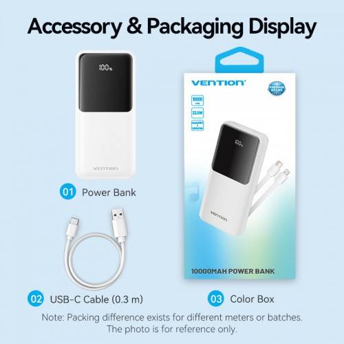 Power Bank Vention 10000mAh(Micro-USB/C/A/A) со встроенными кабелями 22.5W Белый с LED Дисплеем, шт. Vention FHOW0 — для бизнеса и офиса Power Bank Vention 10000mAh(Micro-USB/C/A/A) со встроенными кабелями 22.5W Белый с LED Дисплеем, шт. Vention FHOW0 — для бизнеса и офиса