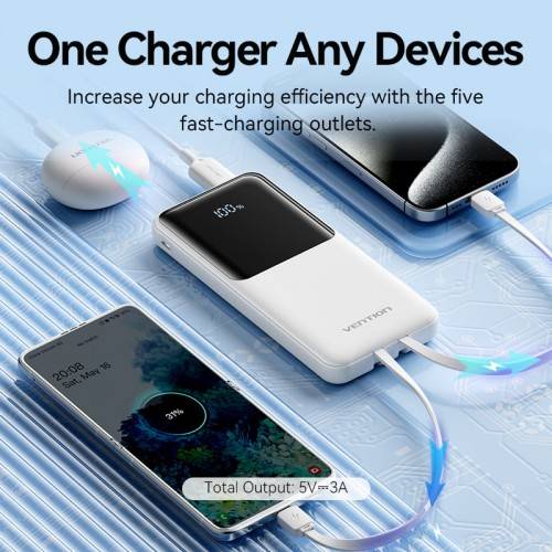 Power Bank Vention 10000mAh(Micro-USB/C/A/A) со встроенными кабелями 22.5W Чёрный с LED Дисплеем, шт. Vention FHOB0 — для бизнеса и офиса Power Bank Vention 10000mAh(Micro-USB/C/A/A) со встроенными кабелями 22.5W Чёрный с LED Дисплеем, шт. Vention FHOB0 — для бизнеса и офиса