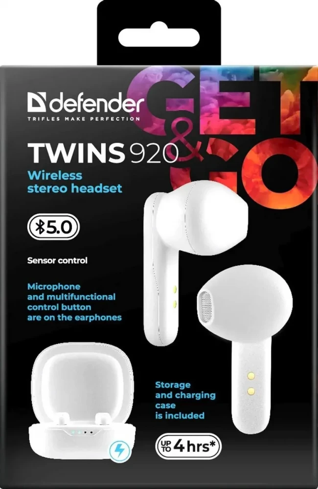 Defender Беспроводная гарнитура Twins 920 белый, TWS, Bluetooth Defender Twins 920 (63920) — для бизнеса и офиса