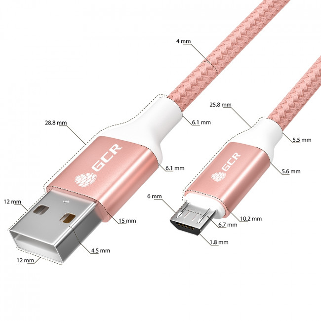 GCR QC Кабель 1.5m MicroUSB, быстрая зарядка, розовый нейлон, AL корпус розовый, белый ПВХ, 28/24 AWG, GCR-52474 Greenconnect USB 2.0 Type-AM - microUSB 2.0 (m) 1.5м — для бизнеса и офиса