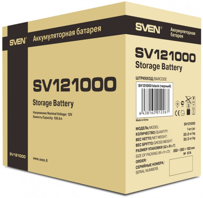 Батарея SVEN SV 121000 (12V 100Ah), напряжение 12В, емкость 100А*ч, макс. ток разряда 1000А, макс. ток заряда 30А, свинцово-кислотная типа AGM, тип клемм B5, Д/Ш/В 307/168/211мм, 30кг Sven SV 121000