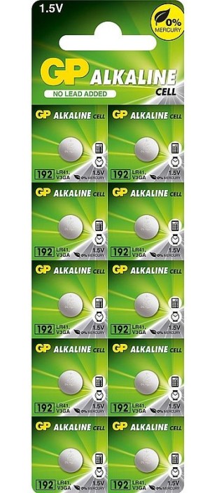 Алкалиновые пуговичные батарейки GP 192A - 10 шт., каждая в своем отрывном блистере GP 192A (4891199015533)