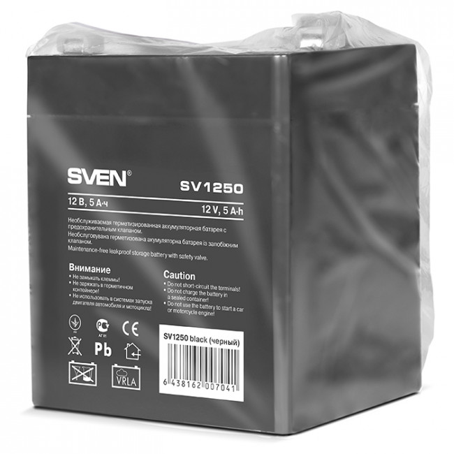 Батарея SVEN SV 1250 (12V 5Ah), напряжение 12В, емкость 5А*ч, макс. ток разряда 80А, макс. ток заряда 1.5А, свинцово-кислотная типа AGM, тип клемм F1 Sven SV-0222005
