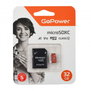 Карта памяти microSD GoPower 32GB Class10 UHS-I (U3) 80 МБ/сек V10 с адаптером GoPower 32GB Class10 UHS-I (U3) 80 МБ/сек V10 с адаптером