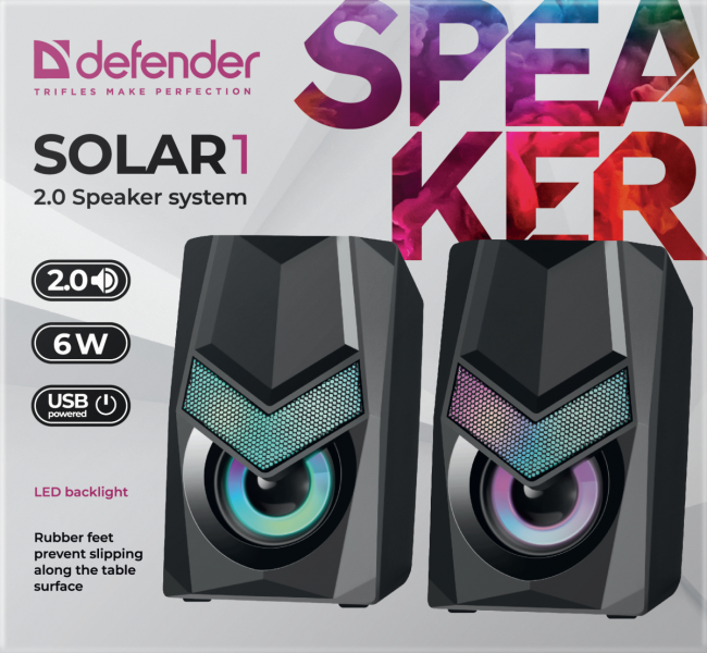 Defender Акустическая 2.0 система Solar 1 6Вт, подсветка, питание от USB Defender Solar — для бизнеса и офиса