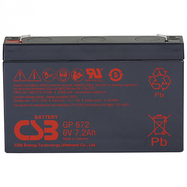 Батарея CSB серия GP, GP672, напряжение 6В, емкость 7.2Ач (разряд 20 часов), макс. ток разряда (5 сек.) 100/130А, ток короткого замыкания 259А, макс. ток заряда 2.16A, свинцово-кислотная типа AGM, клеммы F1/F2, ДxШxВ 151x34x100.7мм., вес 1.22кг., срок слу