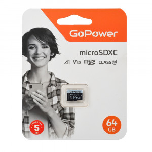 Карта памяти microSD GoPower 64GB Class10 70 МБ/сек V30 без адаптера GoPower 64GB Class10 70 МБ/сек V30 без адаптера