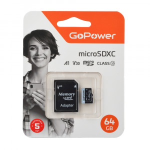 Карта памяти microSD GoPower 64GB Class10 70 МБ/сек V30 с адаптером GoPower 64GB Class10 70 МБ/сек V30 с адаптером